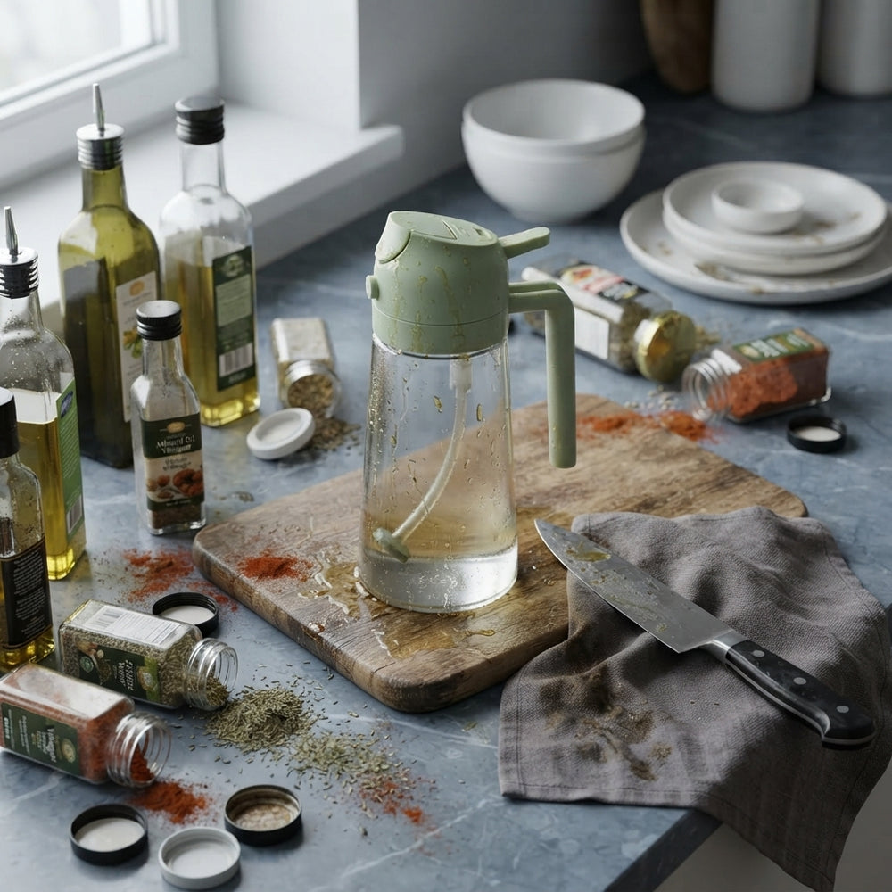 A cluttered kitchen countertop with mismatched oil bottles and spice jars, creating a disorganized cooking workspace.